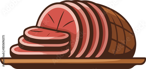 Beef roast slices cartoon vector illustration roasted meat on wooden platter isolated