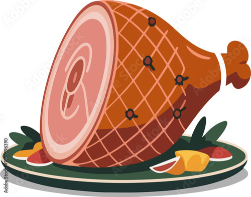 Christmas ham cartoon vector illustration roasted glazed honey ham with cloves on festive platter