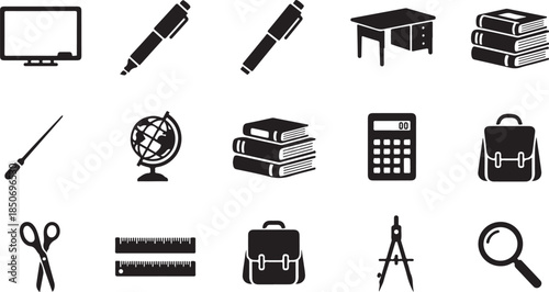 School supplies and education icons in black