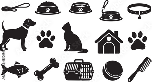 Pet care and accessories icons in black and white