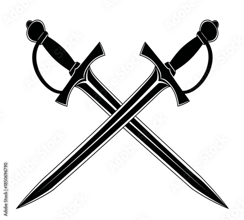 A striking black and white illustration depicts two crossed rapiers with ornate hilts suggesting a historical duel or conflict