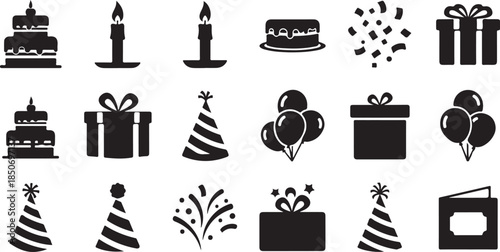 Black icons for birthday celebrations and gifts