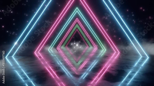 Vibrant neon lights create a dynamic tunnel effect in a futuristic space