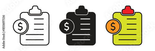 Clipboard vector icon set with a dollar coin symbol for financial reporting, business invoices, accounting documents, and budget management tracking.