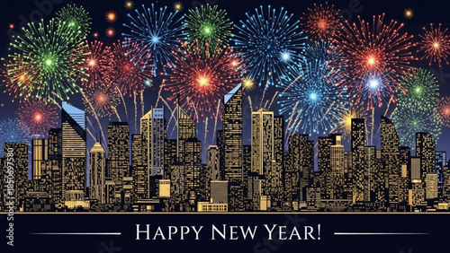 New Year's Eve Firework Spectacle over Cityscape: A vibrant display of colorful fireworks illuminates the night sky above a silhouetted cityscape.