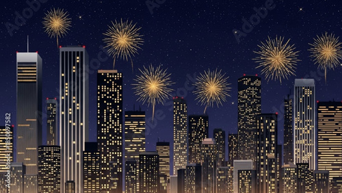 City Fireworks Extravaganza: Fireworks burst over a cityscape at night, illuminating skyscrapers against a dark, star-speckled sky, celebrating a moment of festivity and joy.