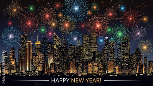 Fireworks in Skyline: A radiant display of vibrant fireworks paints the night sky over a bustling cityscape, casting an festive glow. Capturing the spirit of celebration and new beginnings.