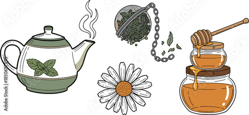 Vintage hand drawn herbal tea collection with ceramic teapot honey jars chamomile flower and tea infuser on white