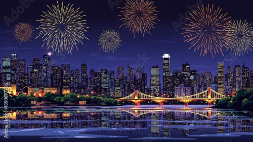 City Skyline Celebrates with Fireworks: Dazzling fireworks erupt in the night sky above a vibrant cityscape, with the glimmering lights reflecting on the water. A night of celebration!
