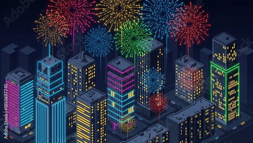 Fireworks over the Cityscape: A vibrant display of fireworks explodes above a modern cityscape, illuminating the night sky with bursts of color and light.