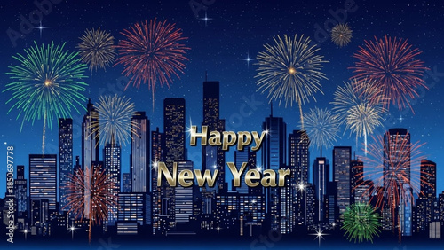 Fireworks Over The Skyline:  A dazzling display of fireworks light up the night sky over a cityscape, celebrating New Year with vibrant colors. 