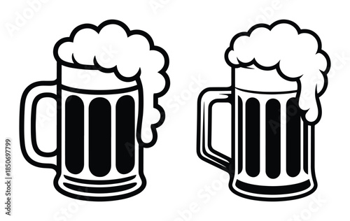 Beer mug icon, Beer mugs filled with frothy foam, Beer mug silhouette, used in casual settings like pubs, beer gardens, and Oktoberfest celebrations, Vector illustration