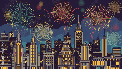 Fireworks over City Skyline: A dazzling display of vibrant fireworks illuminates the night sky above a silhouetted cityscape, painting a picture of celebration and urban festivity.