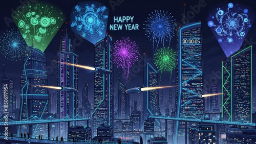 New Year's Eve Futuristic Cityscape: A vibrant digital illustration shows a futuristic cityscape.