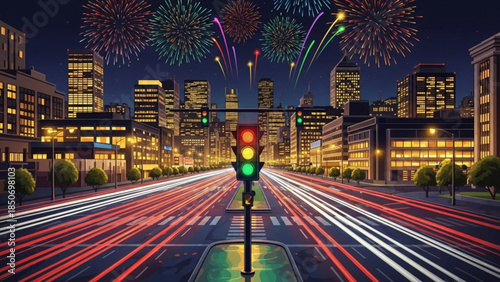City Fireworks Spectacle: Captivating cityscape illuminated by the dazzling fireworks display, with an iconic traffic light and vibrant vehicle light trails, set against a stunning night sky.