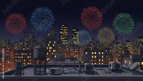 Cityscape Celebration: A breathtaking display of fireworks illuminates the night sky above a sprawling cityscape, with the illuminated buildings casting a dramatic silhouette. 
