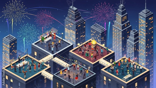 Rooftop Celebrations Under Fireworks: Skyscrapers adorned with celebrations and bursting fireworks illuminate the night sky in this celebratory urban panorama. 