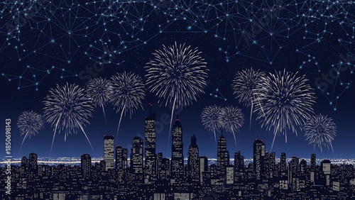 Skyline Symphony: Fireworks paint the night sky above a cityscape, celebrating moments with bursts of light. An abstract starry sky.