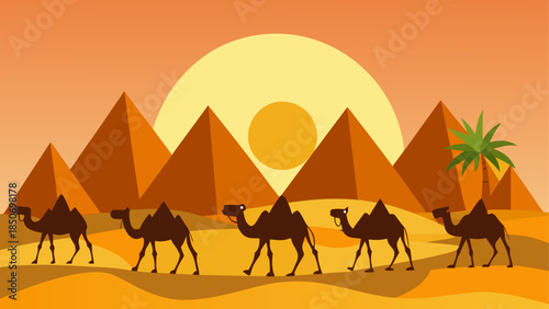 Camels in the desert with pyramids