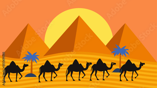 Desert sunset with pyramids and camels