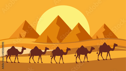 Camels in the desert with pyramids