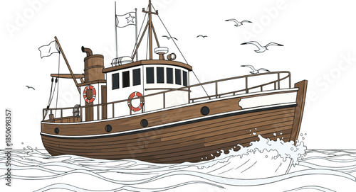 Vintage wooden fishing boat sailing on rough ocean waves with seagulls flying in the sky vector illustration