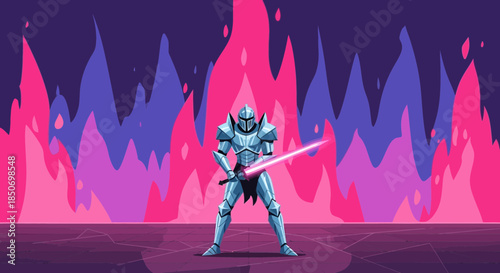 Futuristic Knight in Shining Armor Standing Before Abstract Volcanic Landscape Illustration