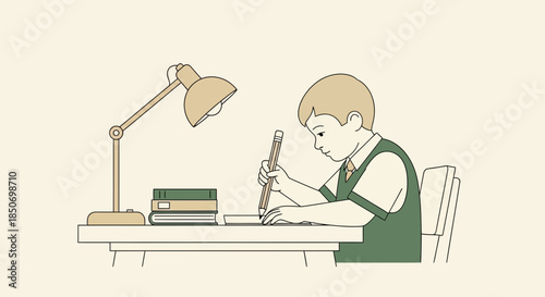 Illustration of a schoolboy studying at a desk with books and a lamp diligently writing or drawing