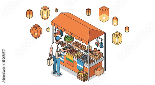 Illustration of a shopper at a market stall decorated with lanterns and various products on
