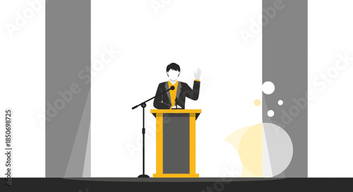 Illustration of a speaker at a podium delivering a speech with gesture on stage