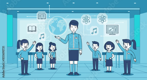 Illustration of a teacher and students in a classroom with digital icons showcasing modern education