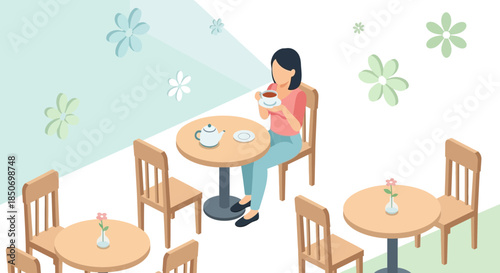 Illustration of a woman enjoying tea in a cozy cafe with floral decorations and empty tables