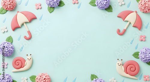 梅雨の紫陽花とカタツムリと傘のかわいいクレイアートフレーム背景