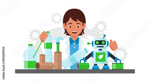Illustration of a young scientist working with recycled materials to build a robot emphasizing