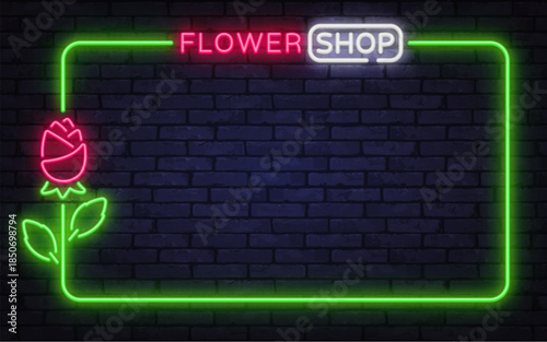 Fresh neon vector frame with flower shop sign and blooming rose graphic. Great for florist branding, romantic promotions, and gift store visuals.
