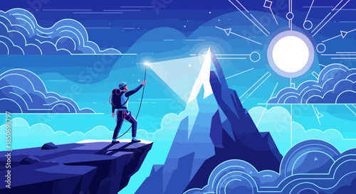 Illustrative artwork showcasing a climber reaching a mountain peak under a bright sun symbolizing