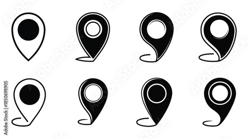 A collection of black and white map marker icons in varying styles