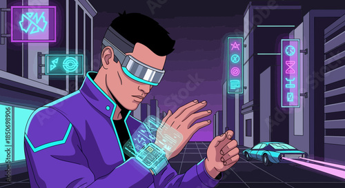 Futuristic cityscape illustration featuring a man with VR glasses interacting with a digital