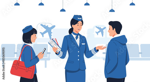 Friendly flight attendant assisting passengers with boarding passes in airport terminal