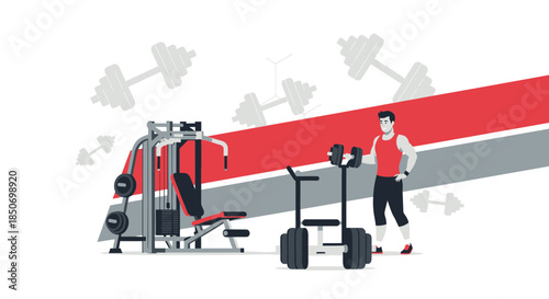 Fitness center with weightlifting equipment and a muscular man working out diligently in a bright