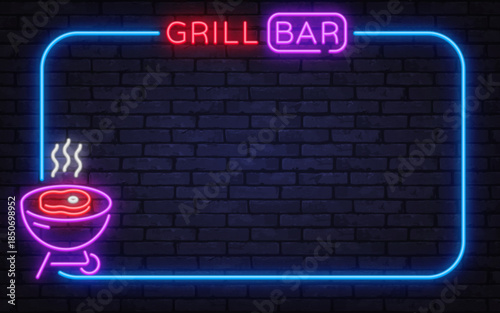 Bright neon vector frame with grill bar sign and smoking barbecue icon. Perfect for food promotions, restaurant posters, and evening grill events.