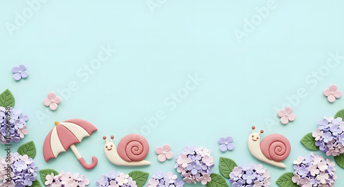 梅雨の紫陽花とカタツムリと傘のかわいいクレイアートフレーム背景