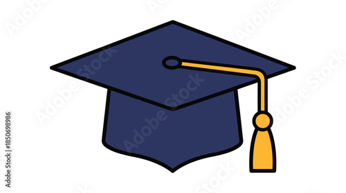 A simple illustration of a dark blue graduation cap with a gold tassel