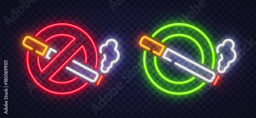 Neon vector icons showing no smoking and smoking allowed symbols with glowing cigarette and smoke. Perfect for public signs, club interiors, cafes, and modern UI design.