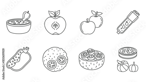 Simple black and white line art icons representing healthy foods and autumn harvest ingredients