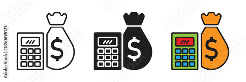 Calculator and money bag icon set for financial accounting, budget planning, profit calculation, tax preparation, and business expense management tools.
