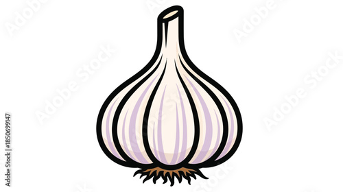 A simple cartoon illustration of a single bulb of garlic with roots