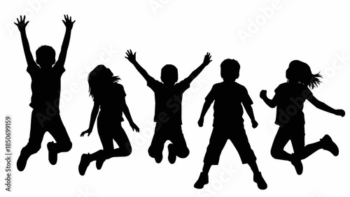 Silhouettes of happy children jumping joyfully in the air.