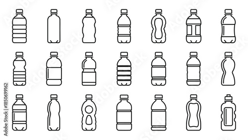 Collection of distinct black and white line art icons of various plastic beverage bottles