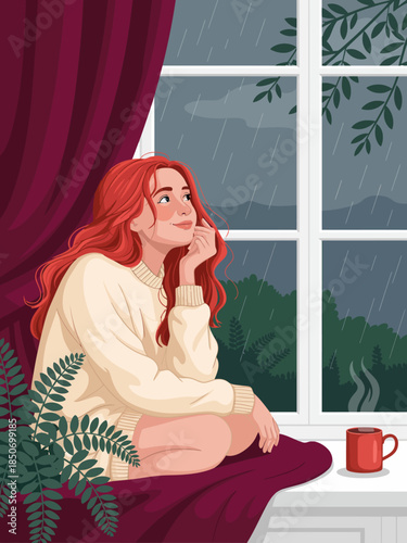 A serene illustration of a woman sitting beside a rainy window, capturing the peaceful moments of introspection and daydreaming during a cozy day indoors.